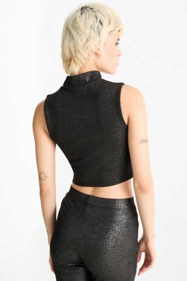 Dámské - Krátký top - žebrovaný - s třpytivým efektem - černá