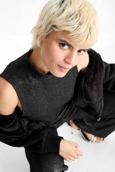 Dámské - Krátký top - žebrovaný - s třpytivým efektem - černá