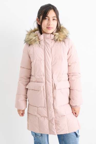 Bambine - Piumino con cappuccio e inserto in ecopelliccia - rosa