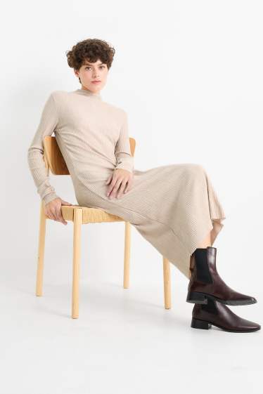 Women - Knitted dress - ribbed - light beige