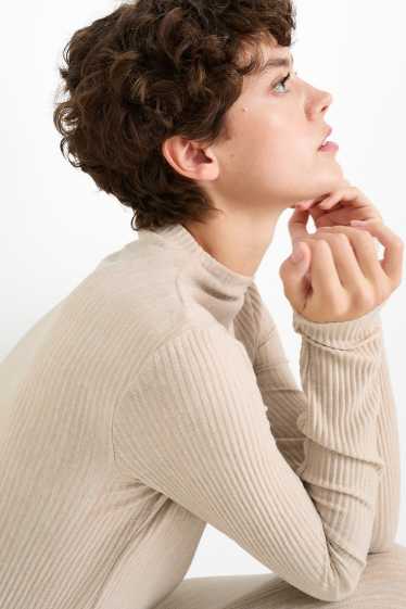 Women - Knitted dress - ribbed - light beige