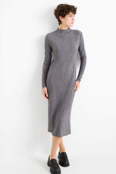 Women - Knitted dress - ribbed - gray