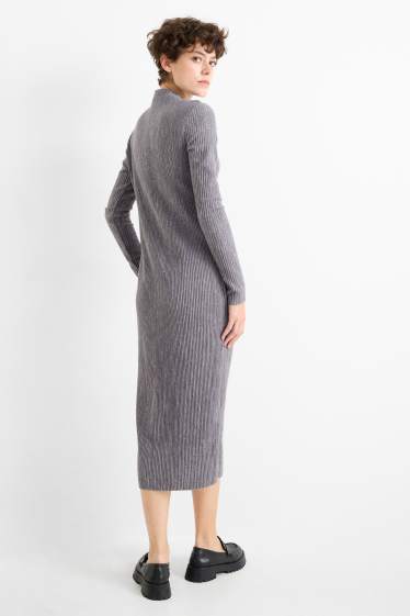 Women - Knitted dress - ribbed - gray