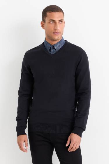 Hommes - Pullover en fine maille et chemise - regular fit - col kent - bleu foncé
