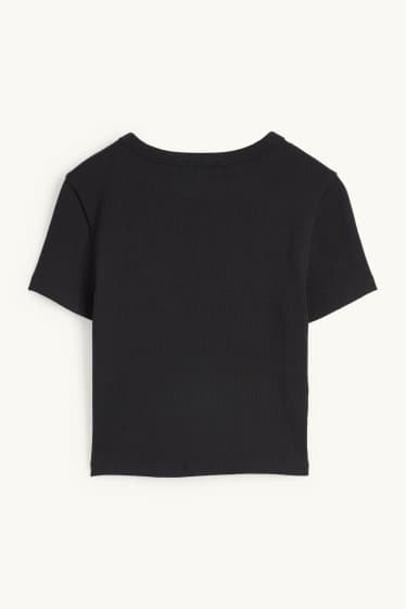 Damen - Crop T-Shirt - gerippt - schwarz