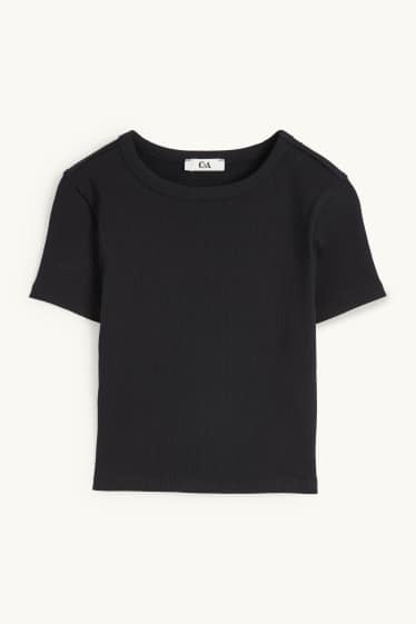 Damen - Crop T-Shirt - gerippt - schwarz