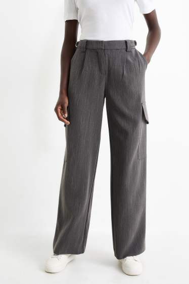 Dámské - Cargo kalhoty - mid waist - wide leg - s úzkými proužky - tmavošedá