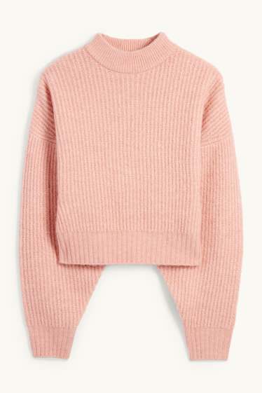 Damen - Crop Pullover mit Stehkragen - gerippt - rosa