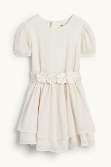 Kinder Mädchen - Blume - Kleid - glänzend - strukturiert - hellbeige