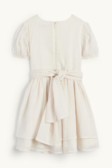 Kinder Mädchen - Blume - Kleid - glänzend - strukturiert - hellbeige