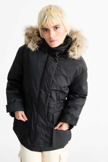 Damen - Parka mit Kapuze und Kunstfellbesatz - schwarz
