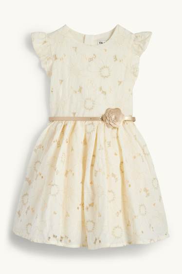 Children Girls - Dress with belt - floral - light beige