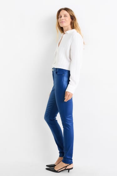 Dámské - Kalhoty - high waist - skinny fit - z lesklého materiálu - tmavomodrá