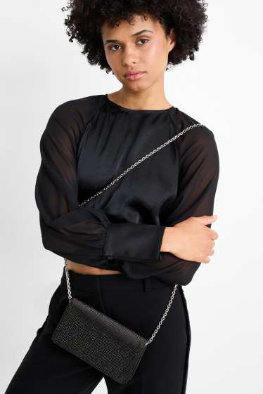 Dames - Schoudertas met afneembare riem en strass-steentjes - zwart