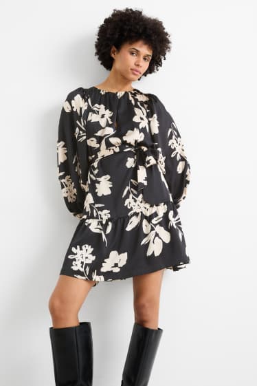 Dona - Vestit acampanat amb mànigues de fanal - de flors - negre