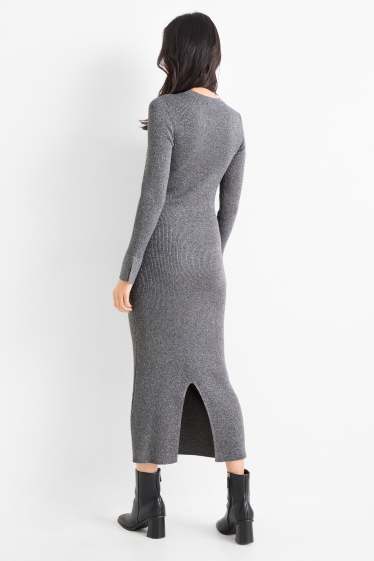 Women - Knitted dress with slit - ribbed - shiny - dark gray