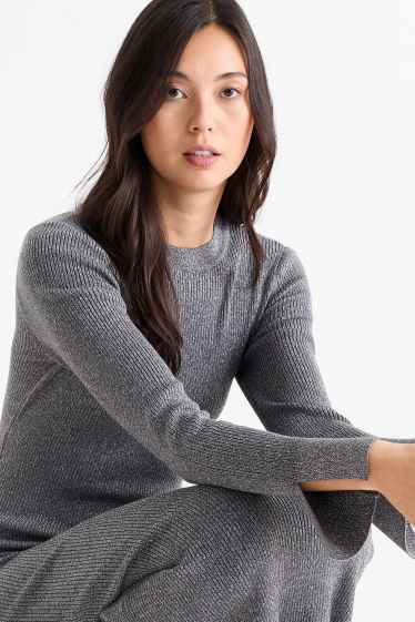Women - Knitted dress with slit - ribbed - shiny - dark gray