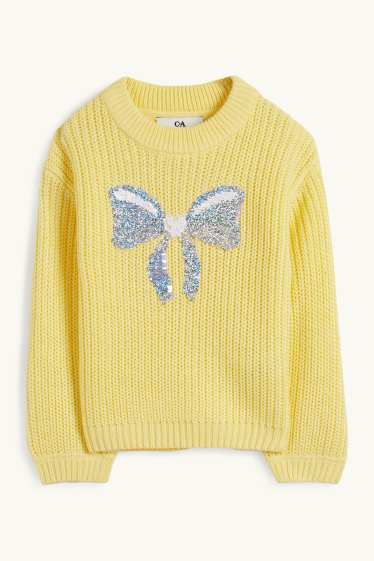 Enfants filles - Nœud - pull - côtelé - effet brillant - jaune