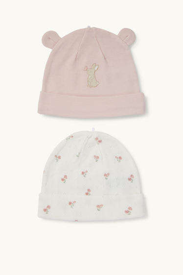 Bébés filles - Lot de 2 - petit lapin et petites fleurs - bonnets pour bébé - rose