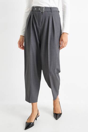Kobiety - Spodnie materiałowe z paskiem - wysoki stan - tapered fit - ciemnoszary