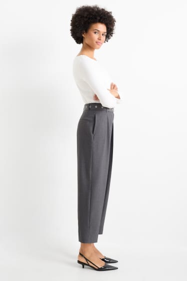 Kobiety - Spodnie materiałowe z paskiem - wysoki stan - tapered fit - ciemnoszary