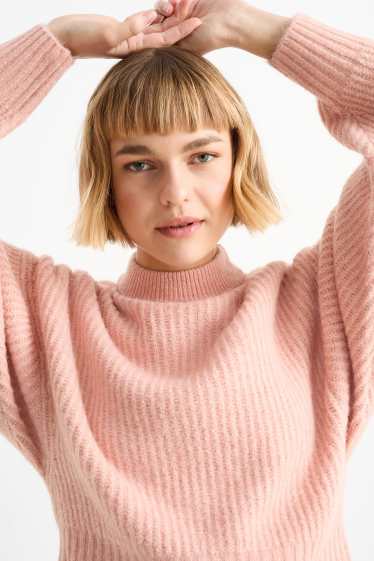 Damen - Crop Pullover mit Stehkragen - gerippt - rosa