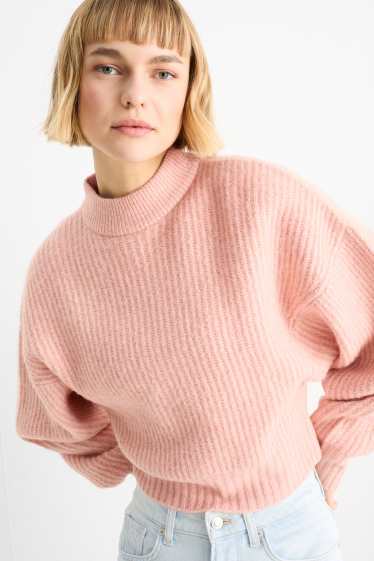 Damen - Crop Pullover mit Stehkragen - gerippt - rosa