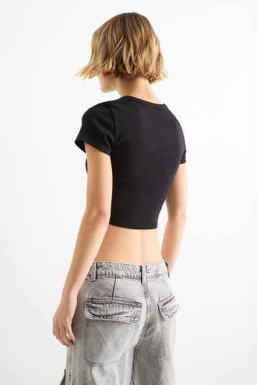 Damen - Crop T-Shirt - gerippt - schwarz