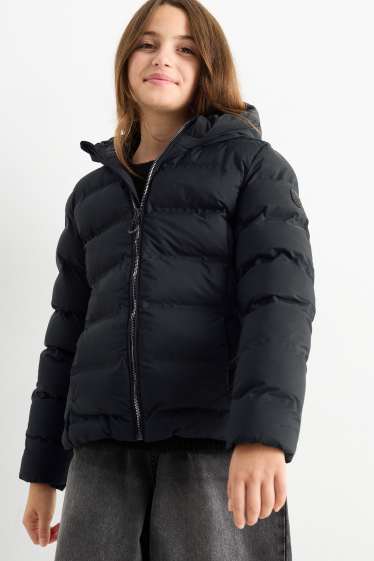 Kinder Mädchen - Steppjacke mit Kapuze - wasserabweisend - schwarz