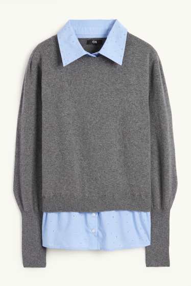 Donna - Maglione in maglia fine con strass - effetto 2 in 1 - grigio