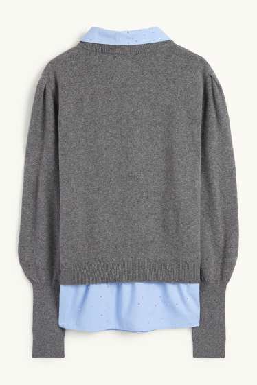 Donna - Maglione in maglia fine con strass - effetto 2 in 1 - grigio