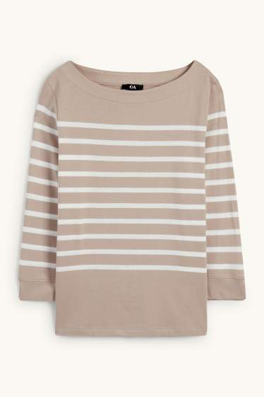 Dames - Basic longsleeve - gestreept - licht beige