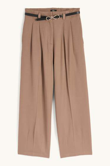 Damen - Stoffhose mit Gürtel - High Waist - Wide Leg - hellbraun