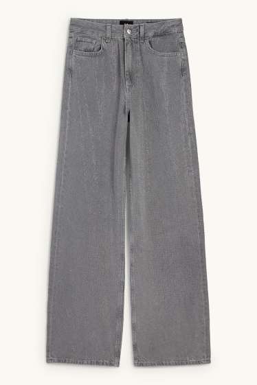Dona - Loose fit jeans amb pedres d’estràs - high waist - gris