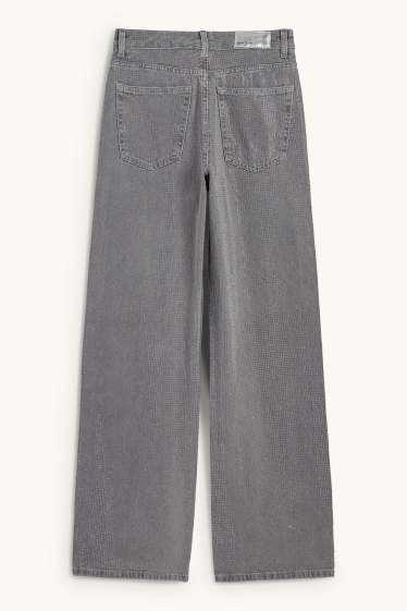 Dona - Loose fit jeans amb pedres d’estràs - high waist - gris