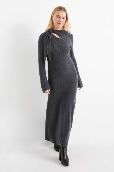 Women - Knitted dress with knot detail - ribbed - dark gray
