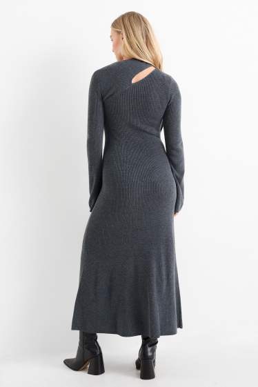 Women - Knitted dress with knot detail - ribbed - dark gray