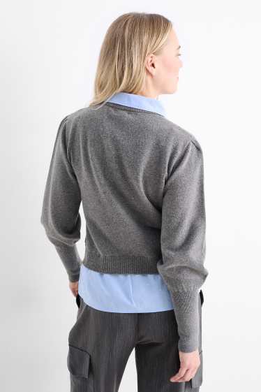 Donna - Maglione in maglia fine con strass - effetto 2 in 1 - grigio