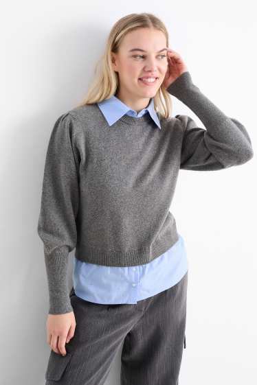 Donna - Maglione in maglia fine con strass - effetto 2 in 1 - grigio