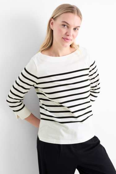 Women - Basic long sleeve top - striped - black / white