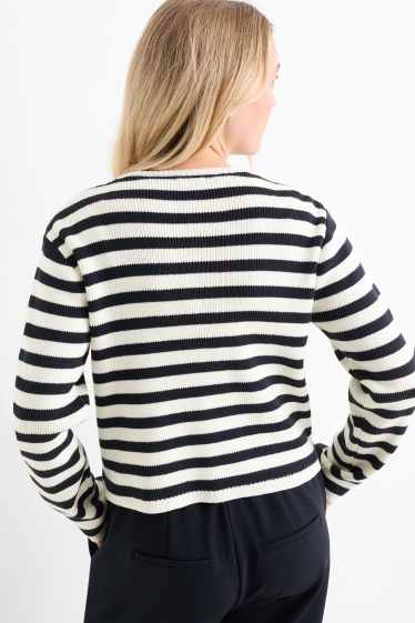Femei - Cardigan tricotat - reiat - cu dungi - alb / negru