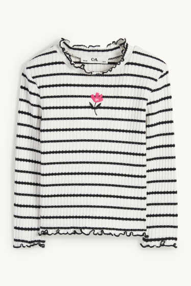 Copii - Fete - Floare - bluză cu guler rulat - reiat - cu dungi - alb / negru