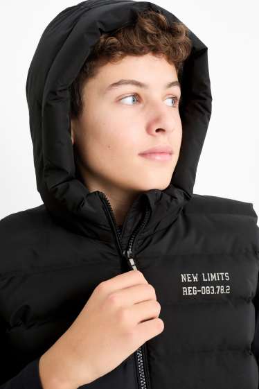Kinderen: jongens - Bodywarmer met capuchon - waterafstotend - zwart