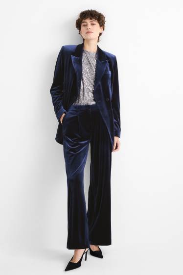 Women - Velvet business trousers - high waist - wide leg - dark blue