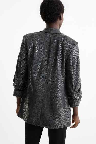 Damen - Pailletten-Longblazer - Relaxed Fit - schwarz