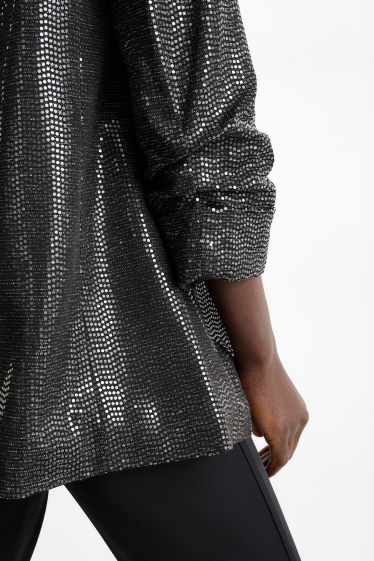 Damen - Pailletten-Longblazer - Relaxed Fit - schwarz