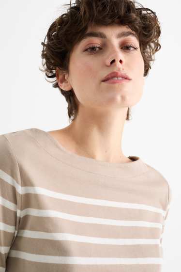 Dames - Basic longsleeve - gestreept - licht beige