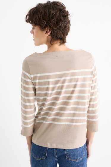 Dames - Basic longsleeve - gestreept - licht beige