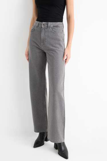 Dona - Loose fit jeans amb pedres d’estràs - high waist - gris