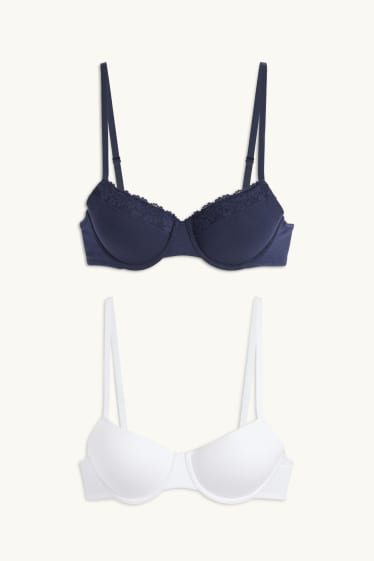 Donna - Confezione da 2 - reggiseno con ferretti - DEMI - imbottito - blu scuro / bianco